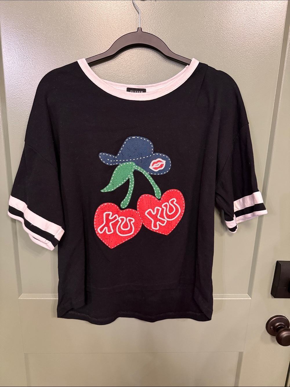 Black Graphic Tee with Red Heart Cherries
